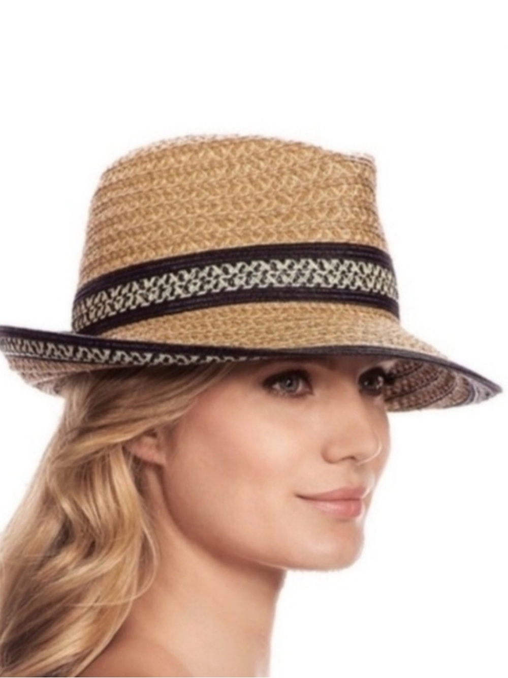 Eric Javits Tan Straw Hat with Black Trim and Woven Band